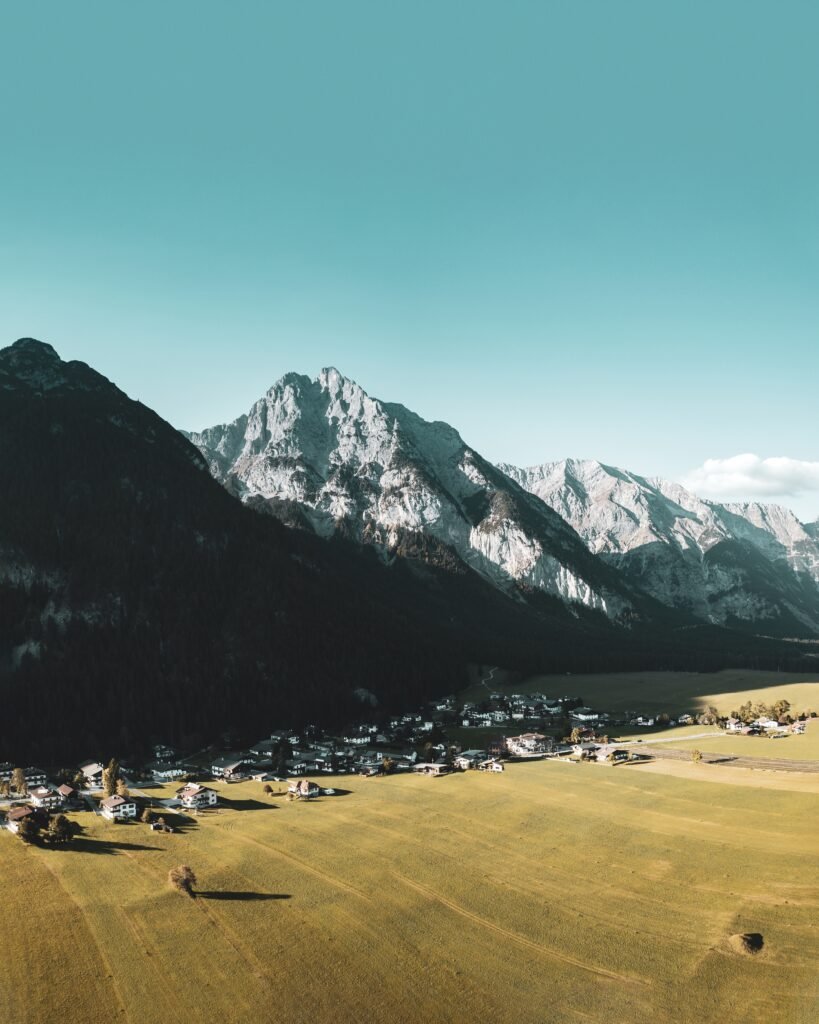 A beautiful vertical shot of the small town located in the Alps